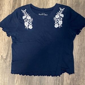Blue White Embroidered Floral Baby Cropped Tee